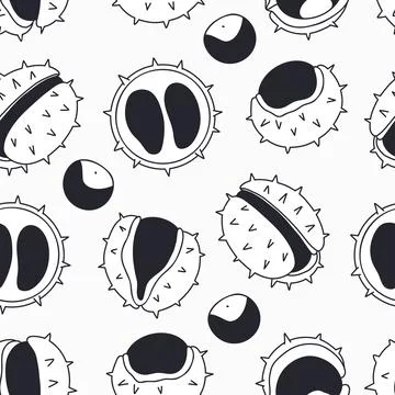 Seamless Pattern with Chestnut Hand Drawn. Black Doodles Autumn Harvest, Wh.. 库存插图