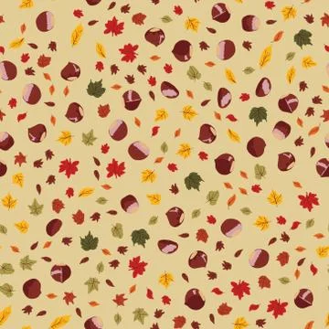 Seamless pattern with chestnuts and autumn leaves. Flat cartoon style Stock Illustration