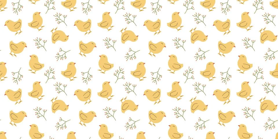 Seamless pattern with Chicken and flowers. Easter design for wrapping paper.. Stock Illustration