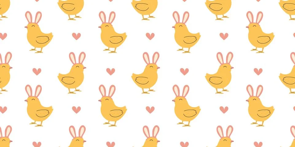 Seamless pattern with Chicken with bunny ears hat. Easter design for wrappi.. 스톡 일러스트
