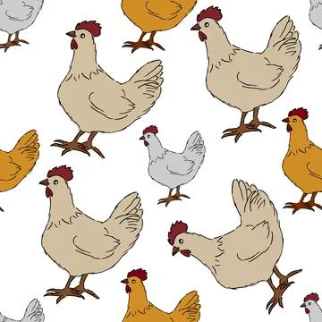 Seamless pattern with chicken cartoon character on white Illustrazione stock