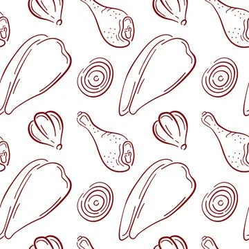 Seamless pattern with chicken drumstick and fillet, garlic and onion in line art Stock Illustration