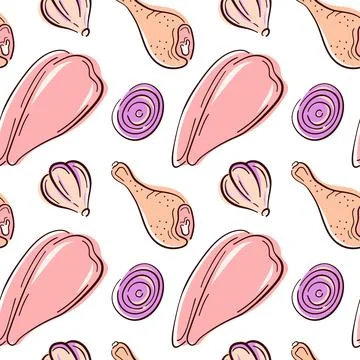Seamless pattern with chicken drumstick and fillet, garlic and onion in flat Stock Illustration