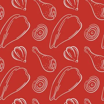 Seamless pattern with chicken drumstick and fillet, garlic and onion in line art Stock Illustration