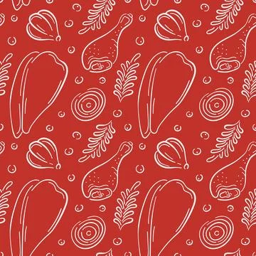 Seamless pattern with chicken drumsticks, onion, garlic and herbs in line art Stock Illustration