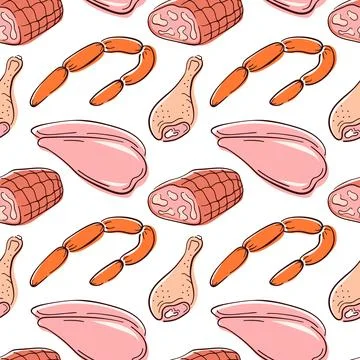 Seamless pattern of chicken fillet and leg, sausages and ham in flat style on Stock Illustration