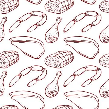 Seamless pattern of chicken fillet and leg, sausages and ham in line art style Stock Illustration