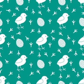 Seamless pattern with chicken, traces, eggs. 스톡 일러스트