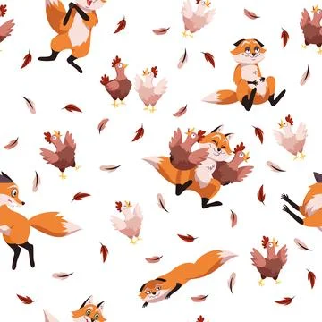 Seamless pattern with chickens and foxes. Funny childish fabric print with Stock Illustration