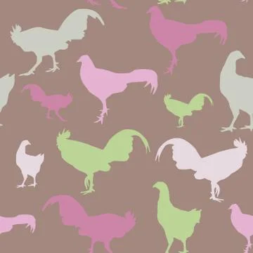 Seamless pattern with chickens and roosters, green, lilac, vector イラスト素材