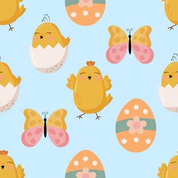 Seamless pattern with chickens, butterfly and egg Illustrazione stock