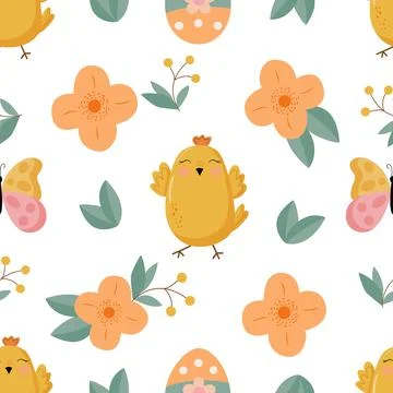 Seamless pattern - chickens, butterfly, easter egg Illustrazione stock
