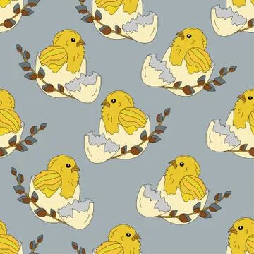Seamless pattern with chickens in the egg shell and a sprig of willow Stock Illustration