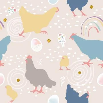 Seamless pattern with chickens, eggs, flowers and hand drawn doodles. Vector Stock Illustration