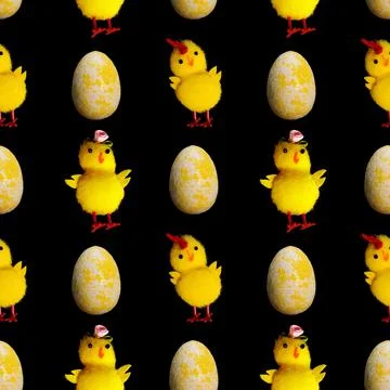 Seamless pattern. chickens with eggs isolated on a black background Illustrazione stock