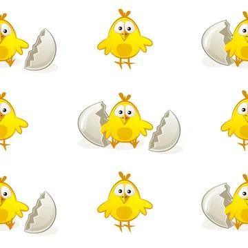 Seamless pattern chickens from eggs on white background. Stock Illustration