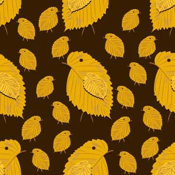 Seamless pattern with chickens made of yellow birch leaves on dark background Stock Illustration