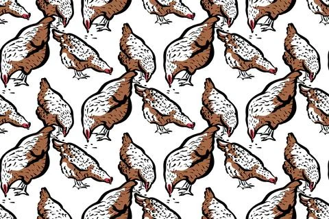 Seamless pattern. Chickens peck grain on a white background, dense ornament Stock Illustration