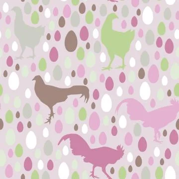 Seamless pattern with chickens roosters, eggs, green, lilac, vector イラスト素材