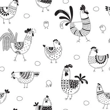 Seamless pattern with chickens, roosters, eggs in cartoon style, line art イラスト素材