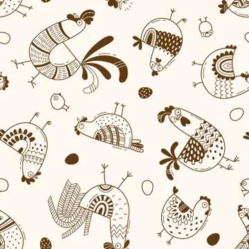 Seamless pattern with chickens, roosters, eggs in cartoon style, line art Stock Illustration