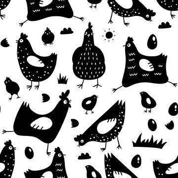 Seamless pattern with chickens, roosters, eggs in cartoon style, balck Illustrazione stock