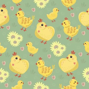 Seamless pattern with chicks and sunflowers Stock Illustration