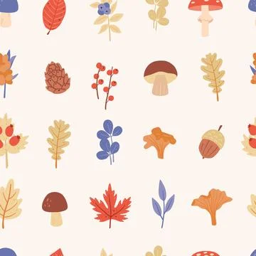 Seamless pattern with childish autumn forest plants twigs leaves. Cute Stock Illustration