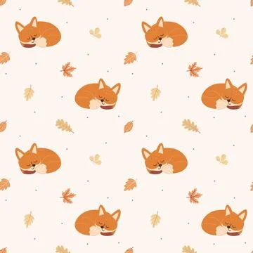 Seamless pattern with childish autumn plants twigs leaves. Cute illustration for Stock Illustration