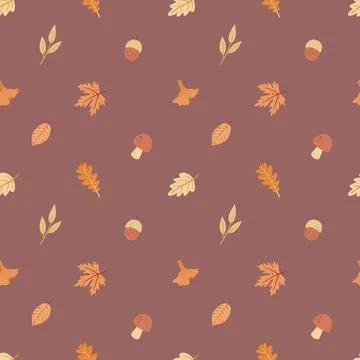 Seamless pattern with childish autumn plants twigs leaves on brown. Cute Stock Illustration
