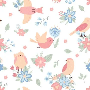 Seamless pattern with childish birds and flowers Stock-Illustration