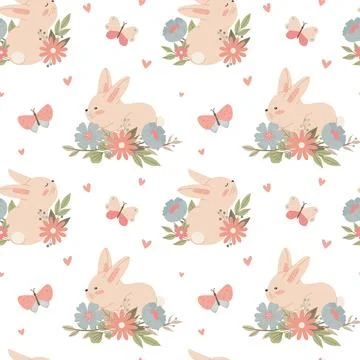 Seamless pattern with childish bunny flowers butterflies. Cute vector Stock Illustration