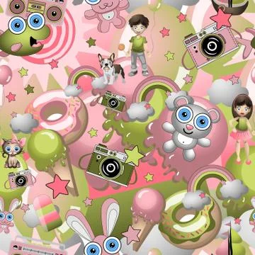 Seamless pattern with childish cartoon style elements, boy and girl, pets. Child Stock Illustration