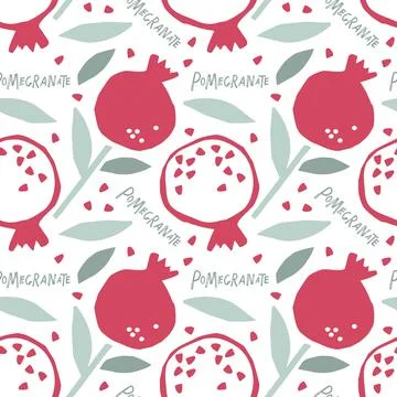 Seamless pattern Childish cut pomegranate with leaf. Hand drawn doodle sketch Illustrazione stock