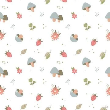 Seamless pattern with childish forest plants twigs leaves flowers mushrooms Stock Illustration