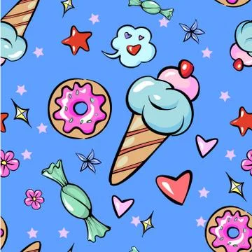 Seamless pattern childish fun trendy sweets heart star icecream candy flower Stock Illustration