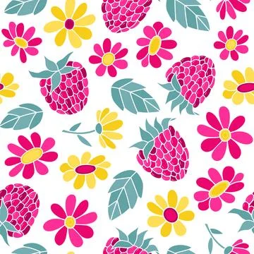 Seamless pattern of childish hand-drawn raspberry berries and flowers. Colorf Stockillustratie