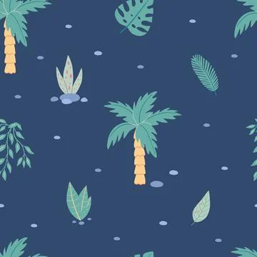 Seamless pattern with childish palm trees and tropical plants on a dark blue Stock Illustration