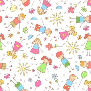 Seamless pattern with children. Doodle style. Vector Stock Illustration