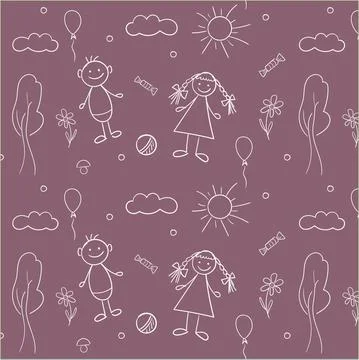 Seamless pattern, children drawings- children boy and girl, sun and clouds, t Illustrazione stock