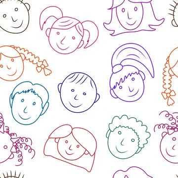 Seamless pattern of children faces in hand drawn style, kid's drawing. Cont.. Stock Illustration