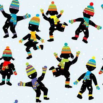Seamless pattern with children silhouettes having fun in winter cold weathe.. Stock Illustration