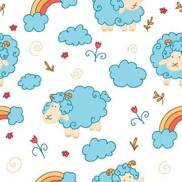 Seamless pattern for children vector illustrations of sheep, clouds, rainbows Stock Illustration