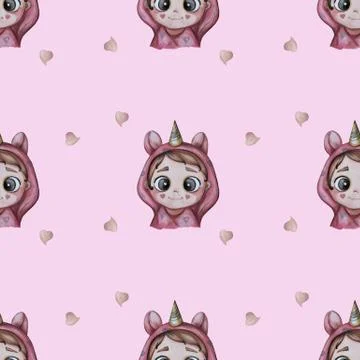 Seamless pattern. Childrens collection Cute and funny baby in cozy pink kigurumi Stock Illustration
