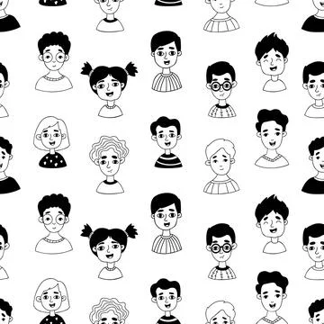 Seamless pattern with childrens faces. Cute smiling girls and boys on white.. Stock Illustration