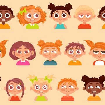 Seamless pattern of childrens faces of different nationalities. Positive Stock Illustration