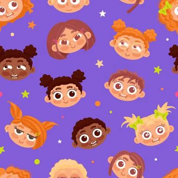 Seamless pattern of childrens faces of different nationalities and stars on a Stock Illustration