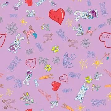 Seamless pattern childrens illustration of set of element for design, bunnies Stock Illustration