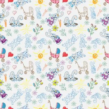 Seamless pattern childrens illustration of set of element for design, bunnies Illustrazione stock