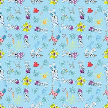 Seamless pattern childrens illustration of set of element for design, bunnies イラスト素材